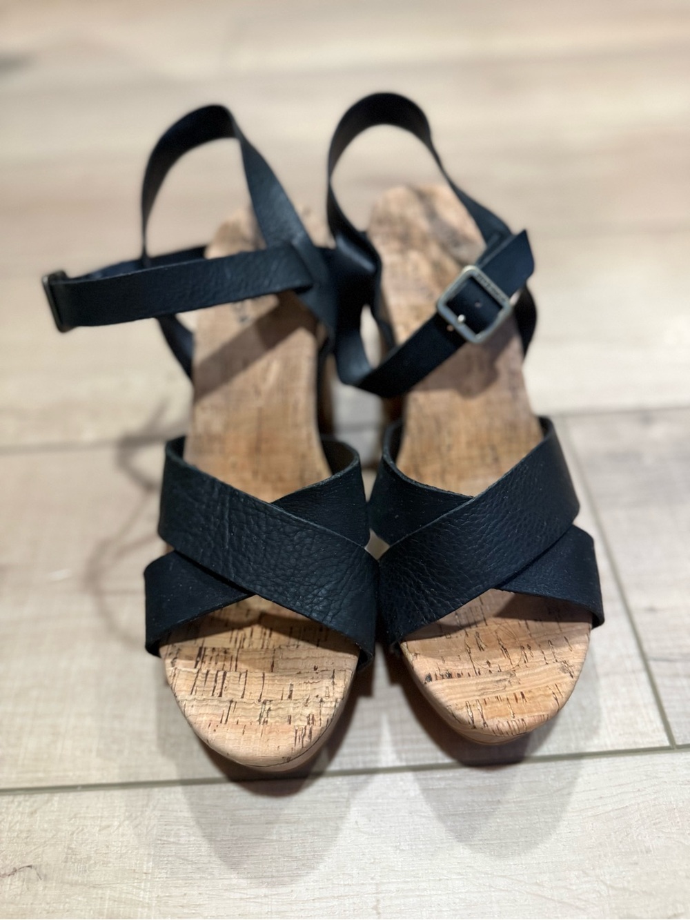 Kork-Ease Black Leather Cork Wedge Sandals with Ankle Strap